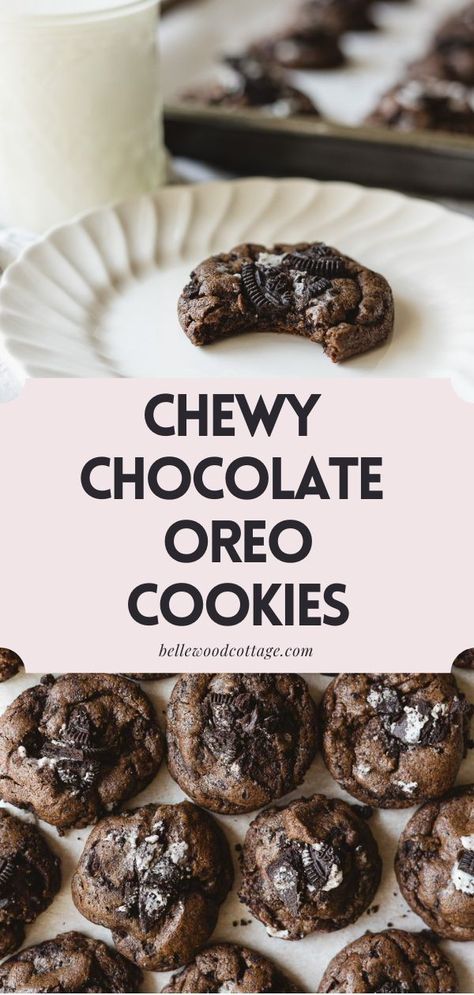 These Chocolate Oreo Cookies are super soft and chewy just like brownies! They are packed with Oreo pieces and use natural cocoa powder and basic cookie ingredients for an easy recipe you can make anytime. Double Chocolate Oreo Cookies, Oreo Soft Cookies, Chocolate Oreo Cookies, Cookies Without Brown Sugar, Oreo Thins, Cocoa Powder Recipes, Oreo Cookie Recipes, Cookie Brownie Recipe, Puppy Chow Recipes