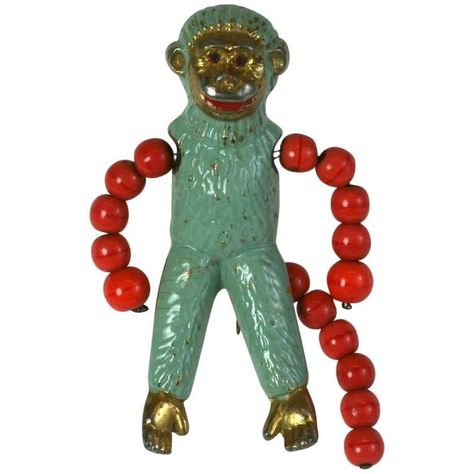 Charming Art Deco Calvaire Monkey Clip of enameled pot metal with Venetian glass bead arms and tail. Calvaire was a company based in NY in the 1920's with ties to France....Wonderful novelty jewelry from the 1930's, USA. Textile Design Pattern, Face Brooch, Art Deco Brooch, Antique Fashion, 1920s Art, 1920s Art Deco, 1930s Art Deco, Little Monkeys, Designer Fashion Jewelry