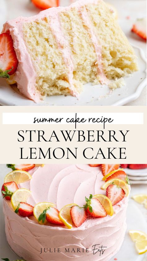 When it comes to finding a delicious dessert idea for Mothers Day, this fresh fruit layer cake with strawberry buttercream and moist lemon cake is a great option. Follow for more homemade cake recipes and baking ideas. Desserts Fresh Strawberries, Cake For Strawberries, Classic Cake Flavors, Cakes To Bake At Home, Yummy Cake Recipe, Lemon And Berry Cake, Personal Cake Ideas, Strawberry Cake With Strawberry Frosting, Simple Delicious Cake Recipes