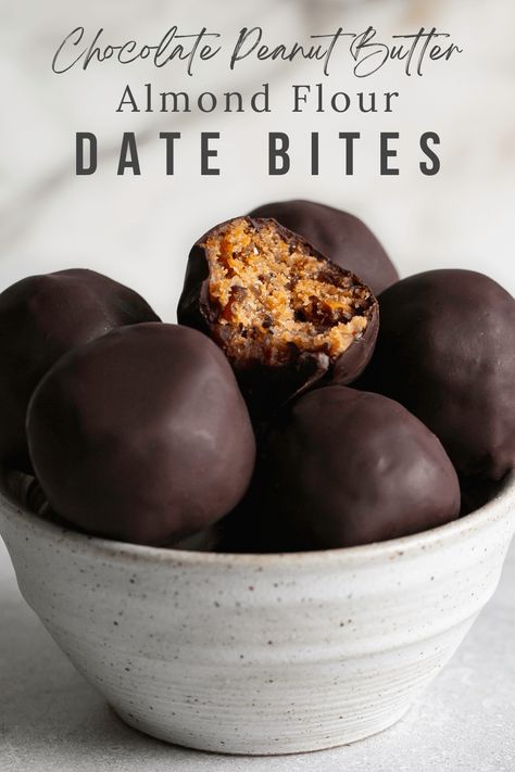 Chocolate Peanut Butter Almond Flour Date Bites - Healthy Little Vittles Date Bites, Clean Dessert, Chewy Granola, Paleo Recipes Dessert, Protein Bites, Healthy Sweet Treats, Healthy Sweets Recipes, Healthy Sweets, How Sweet Eats