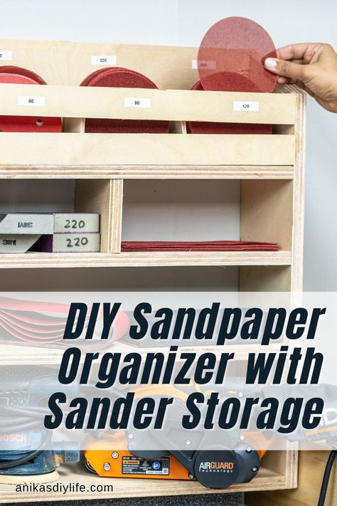 Make your own DIY wall mounted sandpaper organizer with sander storage! This workshop organization idea makes finding the sandpaper you need so much easier! It even has storage for your sanders making it the ultimate workshop organizer for all your sanding supplies. Plans and tutorial available! #anikasdiylife Sander Storage, Sandpaper Storage, Workshop Shed, Wood Crafting, Diy Workbench, Workshop Organization, Woodworking Workshop, Workshop Storage, Painted Table