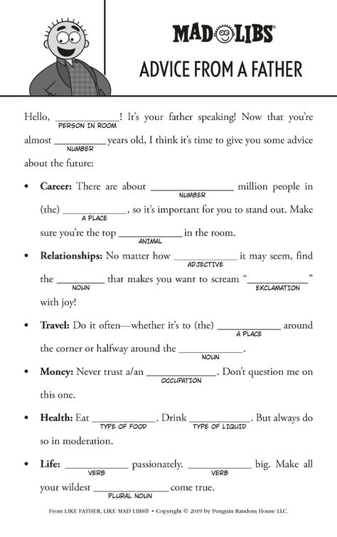 Now there's a Mad Libs for that ADJECTIVE guy in your life--Dad!

Not sure what gift to get for Dad? How about 21 fill-in-the-blank stories that are all about him? Show Dad just how much you love him on Father's Day, his birthday, or any day of the year. Dad Libs Free Printable, Christian Mad Libs, Mad Libs For Adults Hilarious, Distress Tolerance Activities, Fill In The Blank Story, Fill In The Blanks Story, Western Painting Canvas, Mad Libs For Adults, Funny Mad Libs