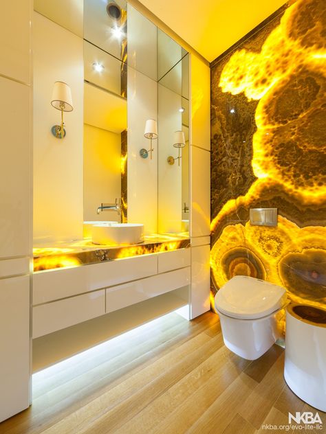 Honey Onyx Backlit Wall and Counter - NKBA Onyx Backlit, Countertop Lighting, Onyx Shower, Backlit Wall, Open Kitchen Layouts, Onyx Table, Marble Tile Bathroom, Vanity Counter, Led Panels