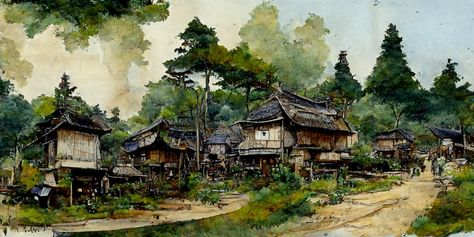 Japanese Village, Karsten Viese on ArtStation at https://www.artstation.com/artwork/LeyWEP Japanese Village House, Japanese Town Art, Japanese Village Art, Japanese Villages, Village Mountain, Japan Village, Japanese Town, Town Art, Home Gym Design Garage