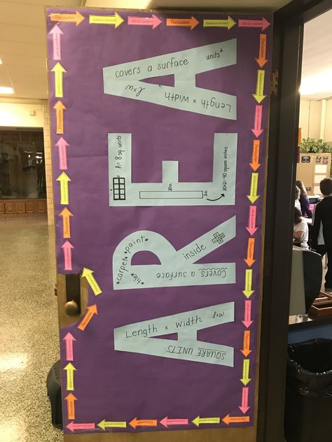 Perimeter and Area Classroom door idea Math Classroom Door Ideas, Science Classroom Door, Math Door Decorations, Classroom Door Ideas, Perimeter And Area, Math Wall, Math Lab, Math Night, Middle School Math Classroom