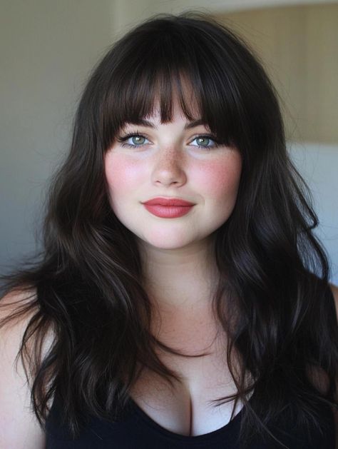 Flattering Bangs Styles for Round Faces: Trendy Looks to Try in 2024 Bangs For Round Faces Long Hair, Layers With Bangs Round Face, Long Hair Bangs Square Face, Fringe Haircut Round Face, Bangs For Round Face With Glasses, Bangs For Thick Hair Round Face, Medium Length Black Hair With Bangs, Bangs With Square Face, Bang Haircuts For Round Faces