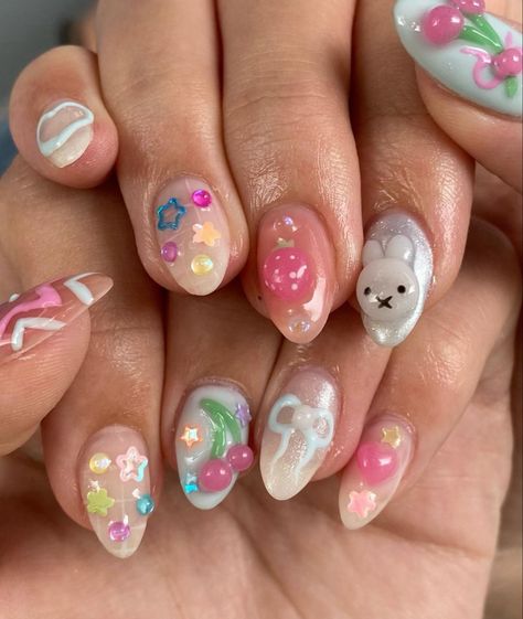 Colorful Charm Nails, Tamagotchi Nails, Nails For Birthday, Miffy Nails, Almond Press On Nails, Nails 3d, Hippie Nails, Birthday Vacation, Really Cute Nails