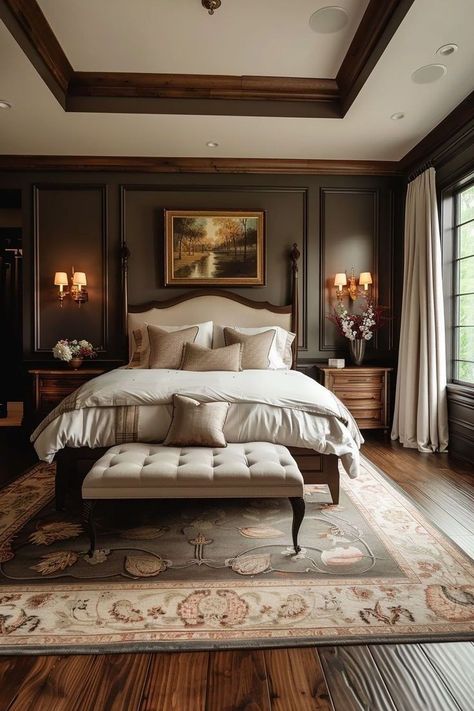 Modern Vintage Bedroom Design, Elegant Cottage Bedroom, Bedroom Ideas With Wooden Floor, Cozy Bedroom Furniture Ideas, Moody Luxury Bedroom, Bed Rooms Ideas Cozy, Traditional Master Bedrooms Decor, Vintage Moody Bedroom, Modern Victorian Decor Bedroom