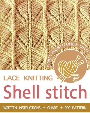 Knitted Flower Pattern, Lace Knitting Stitches, Knitting Hacks, Knitting Patterns Free Blanket, Knitting Stitches Tutorial, Crocheting Patterns, Knit Stitches, Shell Stitch, Knit Lace