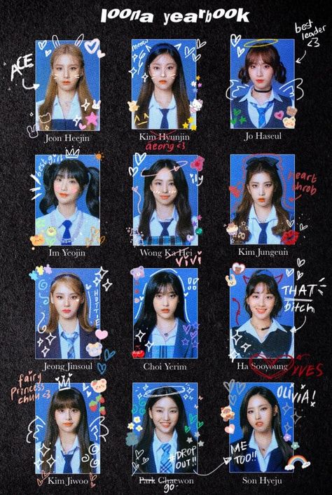 Yearbook Group Photo Ideas, Best Yearbook Themes, Loona Yearbook, Cute Yearbook Ideas, Y2k Yearbook Theme, Instagram Introduction Post Ideas, Aesthetic Yearbook Photos, Korean Yearbook Photo, Loona Poster Edit