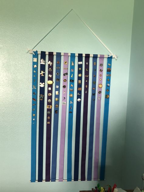 Ribbon and dowel rod pin display Award Pin Display Ideas, Dance Ribbon Display Ideas, Dance Pins Display Ideas, Dance Pin Display Ideas, Dance Competition Pin Display Ideas, Dance Awards Display Ideas, Dowel Rod Crafts, Button Display Ideas, Pin Display Ideas