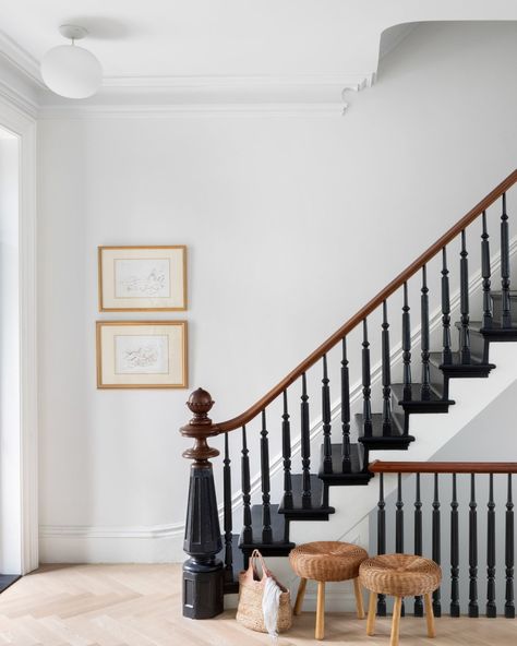 Townhouse Stairs, Manhattan Townhouse, Elizabeth Roberts, Street Townhouse, Staircase Railing, Mansard Roof, White Light Fixture, Teal Walls, Stone Panels