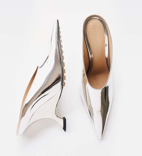 MYTHERESA: BOTTEGA VENETA Rocket metallic leather mules… Edgy Shoes, Aesthetic Bags, Flat Wedges, Accessories Bags Shoes, Metallic Shoes, Silver Heels, Leather Mules, Mules Shoes, Metallic Leather