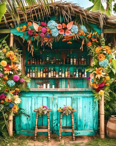 Sophie 🌸 (@dreamerdesignai) • Instagram photos and videos Island Cafe Design, Caribbean Bar Ideas, Wedding Tiki Bar, Tropical Tiki Bar, Tropical Resort Aesthetic, Tropical Party Aesthetic, Tropicana Aesthetic, Tropical Cafe Design, Tiki Bar Aesthetic