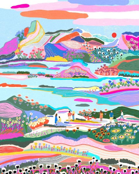 Marina Ester Castaldo on Instagram: “I’m so happy that I found you in this messed up world ☀️ . Swipe to see the uncropped illo! . This illustration is called “People” and is…” Flow Magazine, Abstract Expressionist Art, Posca Art, Dreamy Landscapes, Landscape Artwork, Landscape Illustration, Creative Drawing, Colorful Wall Art, Abstract Expressionist