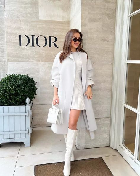 sophielouisesdiary on LTK White Boot Winter Outfit, Cream Knee High Boots Outfit Winter, Cream Knee High Boots Outfit, White Knee High Boots Outfit, Cream Boots Outfit, Transition Design, Slay Fits, White Boots Outfit, Cream Boots