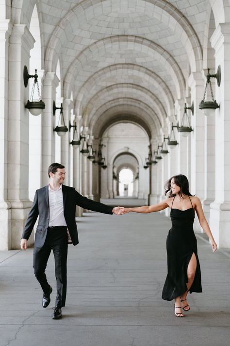 This Union Station DC engagement session is iconic. The modern style paired with the station's architecture created the perfect captures. black and white engagement session modern engagement pictures engagement outfit Black Suit Engagement Photos, Cool Tone Engagement Photos, Engagement Photos Wearing Black, Elegant Prewedding Photoshoot, Saint Louis Engagement Photos, Engagement Photoshoot Black Dress, Chic Engagement Photo Outfits, Classy Outdoor Engagement Photos, Classic Engagement Photoshoot