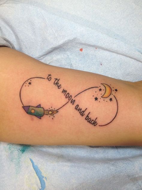 Tattoo With Moon, Rocket Ship Tattoo, Infinity Name Tattoo, Mother Daughter Infinity Tattoos, To The Moon And Back Tattoo, Rocket Tattoo, Infinity Symbol Tattoo, Moon Tattoo Designs, Infinity Tattoos