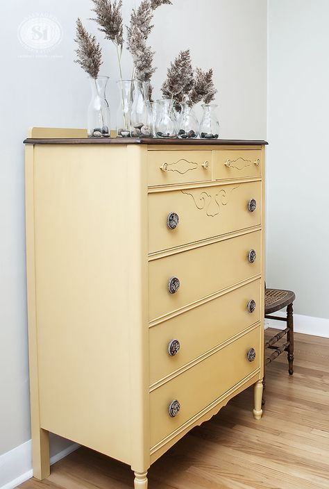 I'm loving the Hobby Lobby knobs on this piece! | miss-mustard-seed-mustard-vintage-dresser | Salvaged Inspiraitons Yellow Painted Furniture, Yellow Dresser, Salvaged Inspirations, Yellow Furniture, Diy Dresser Makeover, Refinishing Furniture Diy, Miss Mustard Seed, Tall Boy, Yellow Paint