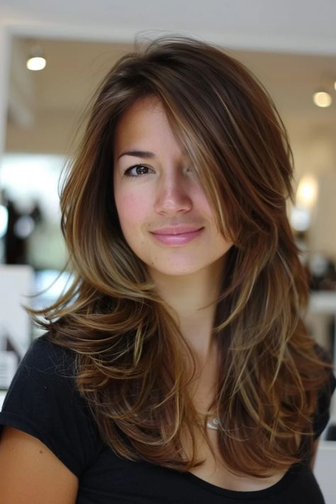 Smiling person with long, layered brown hair in a brightly lit room. Highlights Color Ideas, Chocolate Glaze Hair, Balayage To Highlights, Chocolate Brown Hair With Highlights, Glaze Hair, Highlights Hair Color Ideas, Rich Chocolate Brown Hair, Chocolate Highlights, Brunette Roots