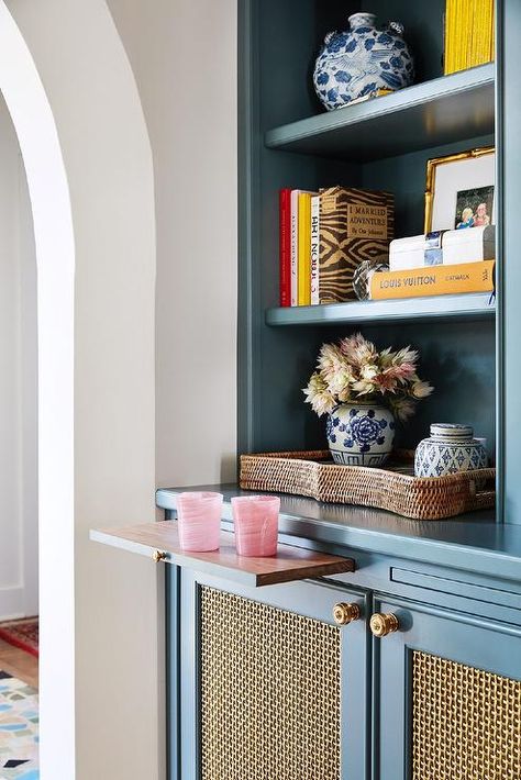 Blue Built Ins, Pull Out Shelf, Grey Laundry Rooms, Mudroom Cabinets, White Shaker Cabinets, Oak Shelves, Home Office Ideas, Living Room Cabinets, Blue Living Room