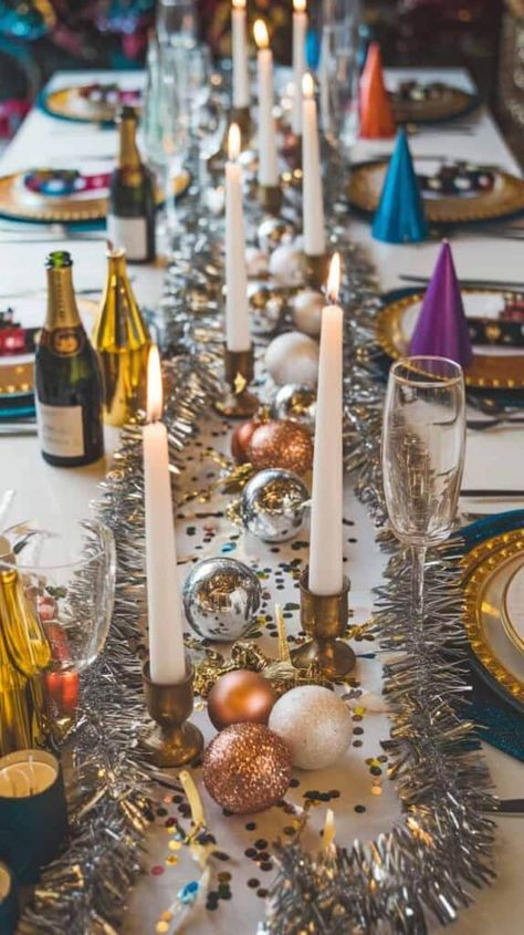 25 New Year's Eve Party Decor Ideas - Lady Celebrations Colorful New Years Eve Party Decorations, New Years Eve Party Home, 2024 New Year Party, Table Decorations New Year, New Years Decorations Table, New Year Event Decoration, Nye Decorations Table, New Year’s Eve Diy Decor, New Year’s Party Home Decor