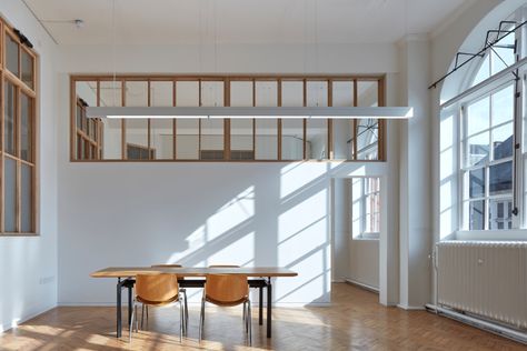 Quinn Architects - Rochelle Halls Partition Wall With Window, Loft Separation Ideas, Full Height Window, Victorian School, Wall Partition, Partition Walls, Interior Window, Parquet Floor, Minimalist Space