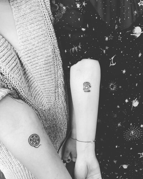 Small Movie Themed Tattoos, Movie Couple Tattoos, Tattoos For Movie Lovers, Simple Movie Tattoos, Cinephile Tattoo, Tv Tattoo Ideas, Movie Lover Tattoo, Movie Reel Tattoo, Movie Ticket Tattoo