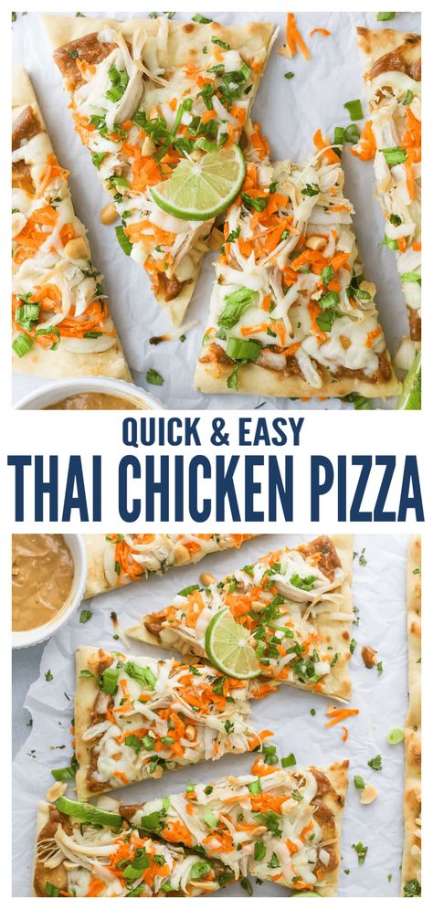 This Asian-inspired Thai chicken pizza with spicy peanut sauce will make you skip take-out all month. It's packed with crunchy green onions, sweet carrots, and cilantro for the perfect bite. #thaipizza #chickenpizza #thaichickenpizza #pizzarecipe #thaichicken #thaiflatbread Thai Chicken Pizza With Peanut Sauce, Teriyaki Chicken Pizza, Thai Pizza Recipe, Thai Pizza, Curry Pizza, Weird Pizza, Thai Chicken Pizza, Healthy Dinner Sides, Chicken Pizza Recipe