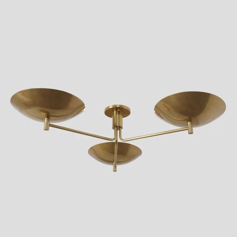 3 Light Arm Flush Mount Brass Sputnik Pendent Light Ceiling Chandelier Disk Shade in Raw Brass Finish - Handmade. Add a modern feel to a room with this this shade. This stunning piece features a brass material with 3 lights. Ideal over a kitchen counter or an island. The brass shades can be made in different finish. Fixture Measurements: - Made with heavy brass with metal shades. - Wall Canopy : 5" Dia. - Measurements is : Depth x 38 Inches - H x 8 Inches. - Required 3 x E26 120 voltage standard Light Mid Century Modern, Traditional Ceiling Lights, Brass Wall Lamp, Globe Lamps, Sputnik Chandelier, Semi Flush Mount Lighting, Ceiling Fan Chandelier, Ceiling Chandelier, Flush Mount Lighting