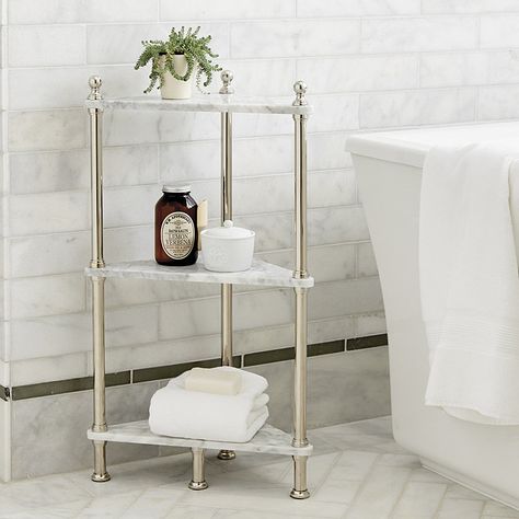 Marble Corner Shelf Marble Shelf, Bath Organization, Beautiful Storage, Bath Essentials, Corner Shelf, Corner Shelves, Ballard Designs, Bathroom Shelves, Corner Designs