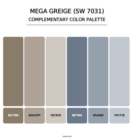 Mega Greige (SW 7031) - Complementary Color Palette Sw Perfect Greige Color Scheme, Mega Greige Color Palette, Greige Hex Code, Mega Greige Sherwin Williams Coordinating Colors, Sherwin Williams Perfect Greige Palette, Mega Greige, Draw A Hexagon, Color Generator, Rgb Color Codes