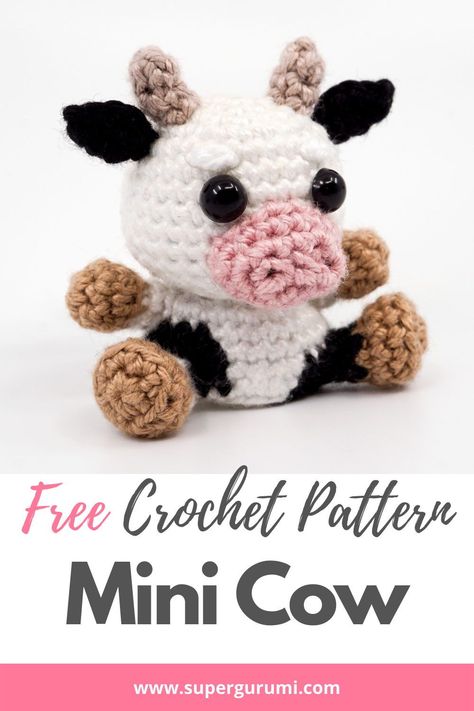 Free Mini Cow Crochet Pattern by Supergurumi. This cute cow is easy to crochet with a step by step description and many pictures. Click the link to view the free pattern. #amigurumi #crochet #crochetpattern #cow #amigurumi Tiny Cow Crochet Pattern Free, Crochet Mini Cow Keychain, Amigurumi Cow Keychain, Crochet Mini Farm Animals, Free Crochet Mini Amigurumi Patterns, Crochet Cow Ornament, Mini Crocheted Animals, Small Amigurumi Crochet Pattern Free, Easy Mini Crochet Animals