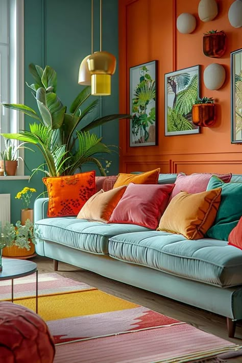 18 Colorful Mid Century Modern Living Room Designs 18 Bright Colour Home Interiors, Home Decor Ideas Midcentury Modern, Mid Century Boho Eclectic Living Room, Bright Colors Living Room Ideas, Home Decor Ideas Bright Colors, Bright Modern Decor, Colorful Art Deco Living Room, Colorful Plant Living Room, Bedroom Ideas Inspiration Cozy