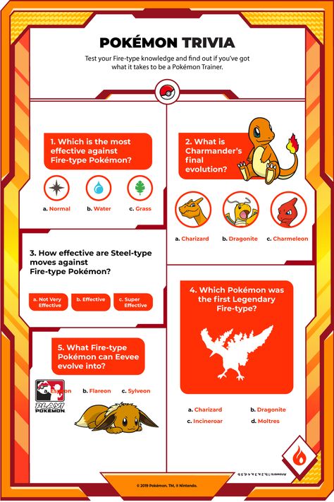 How much do you know about Fire-type Pokémon? Pokemon Trivia, Kids Airplane Activities, Pokemon Club, Pokemon Party Games, Pokémon Crafts, Pokemon Facts, Pikachu Wallpaper Iphone, Pokemon Crafts, Pokemon Themed Party