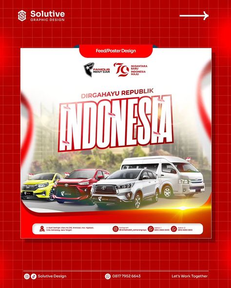 #JasaDesainGrafis | Desain Feed / Poster HUT Republik Indonesia 79 Tersedia berbagai jenis desain: ● Desain Poster promosi ● Desain Poster produk ● Desain Poster event ● Desain Banner Dan masih banyak lagi! Pesan sekarang dan dapatkan bonus revisi! Hubungi: Instagram: @solutive.design Tiktok: @solutivedesign #solutivedesign #solutivedesain #socialmediadesign #jasadesaingrafis #jasadesainfeed #desainfeed #jasadesainlogo #jasadesain #desainpromosi #desaingrafis #jasadesainbanner #graphicdes... Social Media Graphic Design, Media Graphic Design, Banner Logo, Pamphlet Design, Poster Banner, Bagan, Rent A Car, Post Design, Media Post