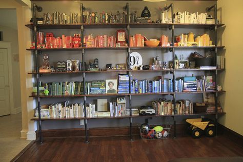 Shelf Ideas Built With Industrial Pipe Bookshelves Design, Black Pipe Shelf, Bookshelves Living Room, Pipe Bookshelf, Retail Display Shelves, Tiered Display Shelves, Office Shelving, Industrial Pipe Shelves, Diy Pipe