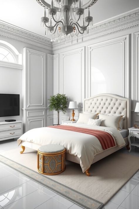 This bedroom is the epitome of opulence, with its intricate moldings, plush headboard, and grand chandelier. The touches of gold and soft coral add warmth and sophistication, making this space feel like a luxurious retreat. If this style speaks to you, there are 65 more elegant white bedroom ideas that will inspire your next design journey White Bedroom Gold Accents, Bedroom Ideas Neoclassical, Neo Classical Interiors Bedroom, Neo Classic Master Room, Neo Classical Interiors Bedroom Luxury, Neo Classical Master Suite, White Bedroom, Dream Bedroom, Bedroom Inspirations