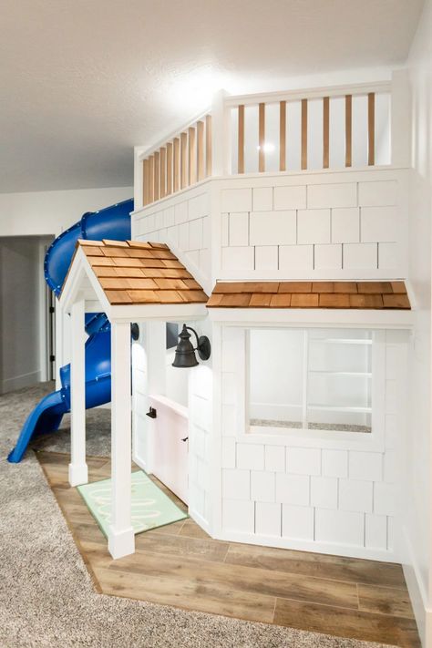 Playroom With Slide, Basement Playground, Playroom Playhouse, Basement Playroom Ideas, Play Nook, Playhouse With Slide, Tiny Bedroom Design, Small Playroom, Indoor Playroom