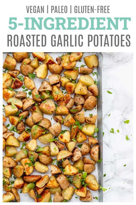 Looking for an easy and delicious way to prepare potatoes? These roasted garlic potatoes are oven roasted to perfection, resulting in extra crispy mini potatoes that are infused with flavour! Made with only five simple ingredients, these healthy roasted potatoes make the perfect easy side dish to pair with a burger, fish, grilled chicken or eggs for brunch. The ultimate tasty and healthy potato recipe! {Gluten-free, dairy-free, vegan} Potato Recipe For Toddler, Garlic Baby Potatoes, Healthy Roasted Potatoes, Roasted Garlic Potatoes, Recipes For Toddlers, Healthy Potato, Garlic Roasted Potatoes, Mini Potatoes, Healthy Potato Recipes