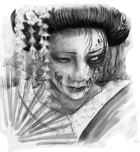 A beautiful piece of art work by: aenema777 on deviant art. Zombie Geisha, Joram Roukes, Zombie Pinup, Geisha Tattoo Design, Zombie Drawings, Samurai Tattoo Design, Girl Face Tattoo, Geisha Tattoo, Mediums Of Art