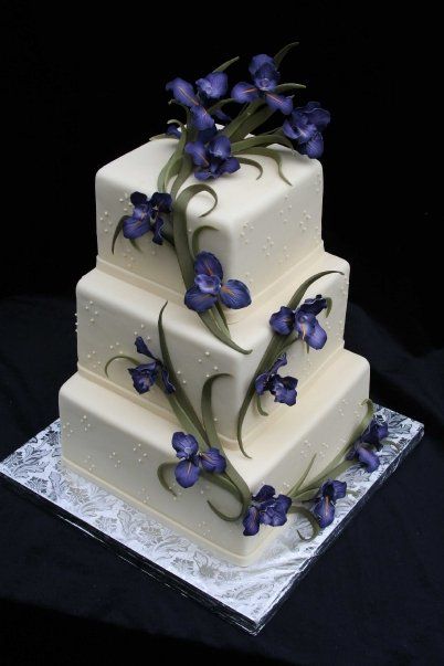 Iris Wedding, Special Event Cakes, Happy Cake, Square Wedding Cakes, Cake Photos, Wedding Cake Photos, Purple Iris, Just Cakes, Wedding Cake Inspiration