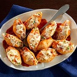 Jumbo Shells with Asparagus, Prosciutto, Ricotta Cheese and Three Cheese Sauce - Allrecipes.com Asparagus Prosciutto, Jumbo Shells, Prosciutto Asparagus, Oven Ready Lasagna, Barilla Pasta, Jumbo Pasta Shells, Cheese Stuffed Shells, Stuffed Shells Recipe, Italian Recipe