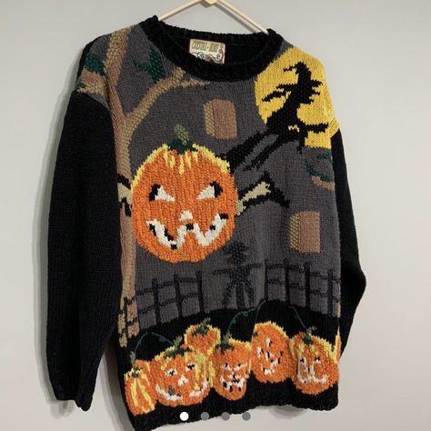 Vintage Halloween Sweater, Cozy Hobbies, Ugly Christmas Sweater Diy Funny, Halloween Knitting Patterns, Halloween Sweaters, Vintage Halloween Pumpkin, Witch Sweater, Halloween Knitting, Halloween Jumper