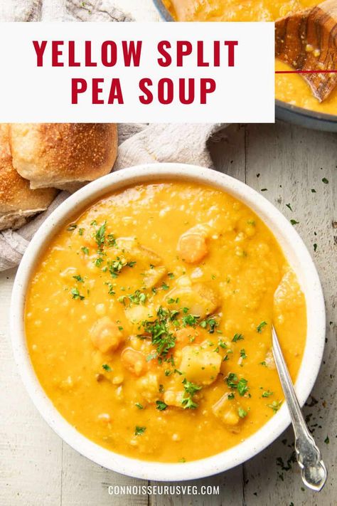 This yellow split pea soup soup is hearty, satisfying, and loaded with flavor. It's also super easy to make in one pot. Pair it up with some crusty bread for a comforting meal that everyone will love. It's vegan and gluten-free too! Vegan Yellow Split Pea Soup, Pea Soup Without Ham, Yellow Split Pea Recipes, Yellow Pea Soup, Yellow Split Pea, Yellow Split Pea Soup, Easy Vegan Soup, Green Split Peas, Plant Based Soups