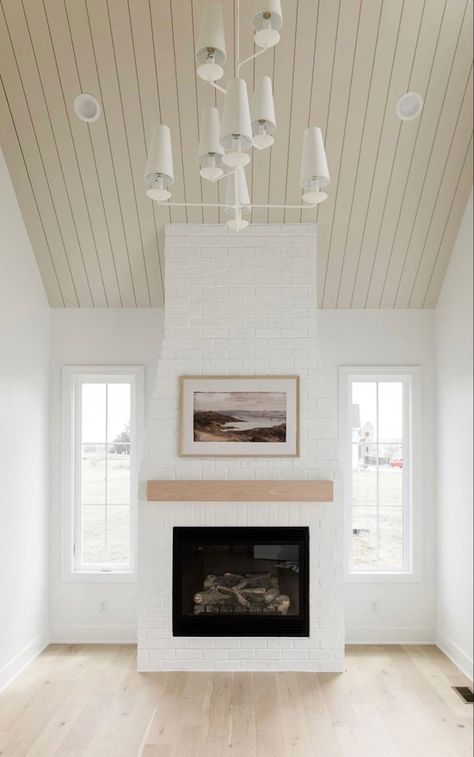 Cream Benjamin Moore, Oakstone Homes, Painted Brick Fireplace, Stone Fireplace Surround, Shiplap Backsplash, Shiplap Ceiling, Front Door Paint Colors, Paint Bar, Door Paint Colors