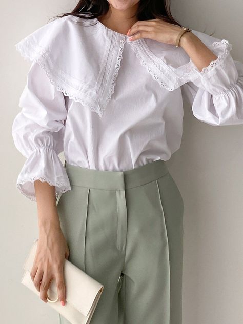 WIDE COLLAR COTTON BLOUSE Blouse Korea, Model Blouse, Fashionista Clothes, Blouse Tops, Korean Model, Cotton Blouse, Fashion Design Clothes, Collar Blouse, White Blouse