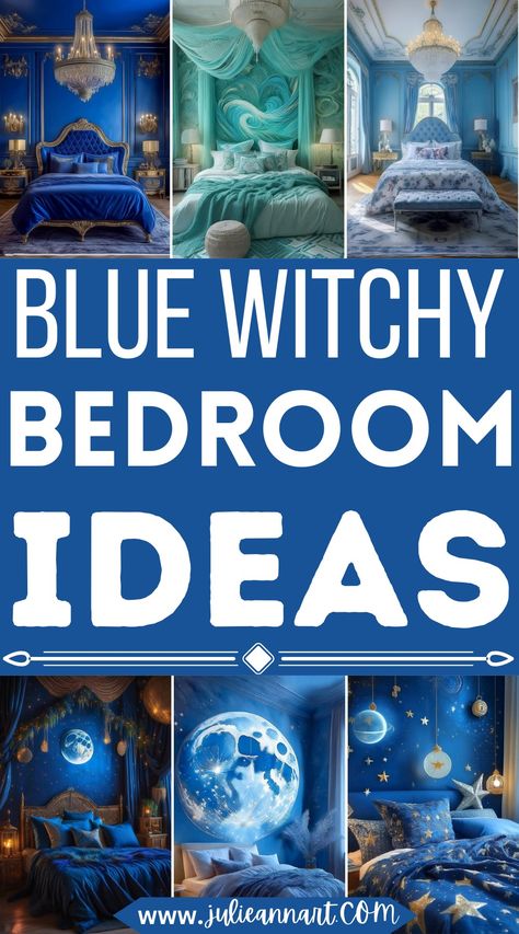 Blue Witchy Bedroom Ideas Petrol Blue Bedroom, Blue Boho Bedroom, Witchy Bedroom Ideas, Bedroom Ideas Blue, Witchy Bedroom, Mystical Decor, Peaceful Blue, Galaxy Room, Magic Theme