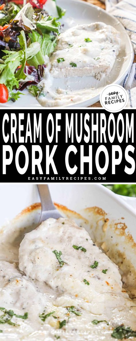 Oven Baked Cream of Mushroom Pork Chops Cream Of Mushroom Pork Chops, Mushroom Soup Pork Chops, Pork Chop Casserole Recipes, Cheesy Pork Chops, Oven Pork Chops, Boneless Pork Chop Recipes, Baked Pork Chops Oven, Pork Chop Recipe, Mushroom Pork Chops