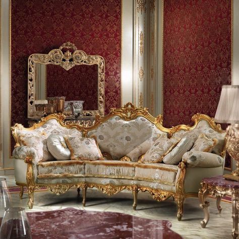 Image may contain: indoor Gold Leaf Decor, Royal Sofa, Classic Furniture Living Room, Art Deco Interior Design, Living Room Styles, Antique Sofa, Elegant Sofa, Perfect Bedroom, Classic Sofa